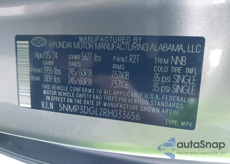 2024 Hyundai Santa Fe Xrt z USA, uszkodzony, nr VIN 5NMP3DGL2RH033656